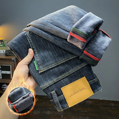 Fleece-Lined Thick Jeans Men's Winter 2023 New Casual Small Straight Pants Slim-Fit Fleece All-Matching Trousers