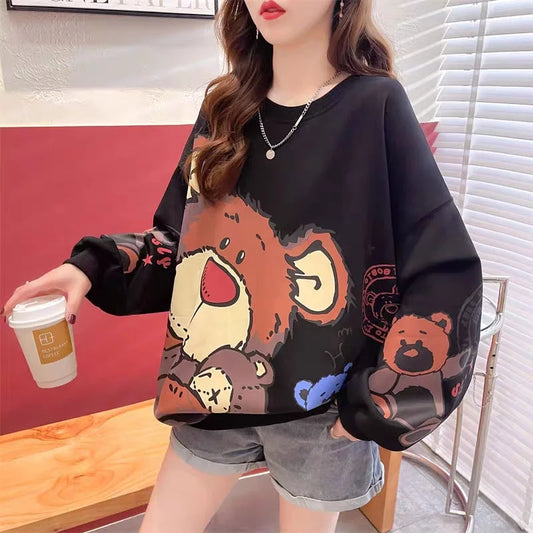 Spring Loose Fit Women's Hoodless Sweatshirt Thin New Korean Style Casual Outerwear Top Bamboo Cotton Long Sleeve round Neck