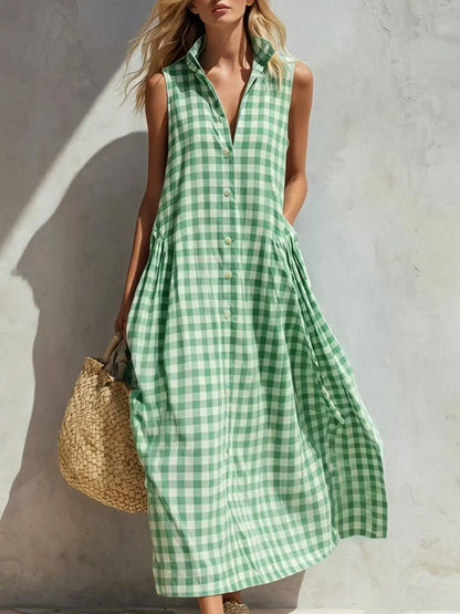 2026 Women Vintage Plaid Dress Sleeveless V-Neck Loose Midi Dresses French Retro Summer Beach Vacation Casual Chic Boho Sundress