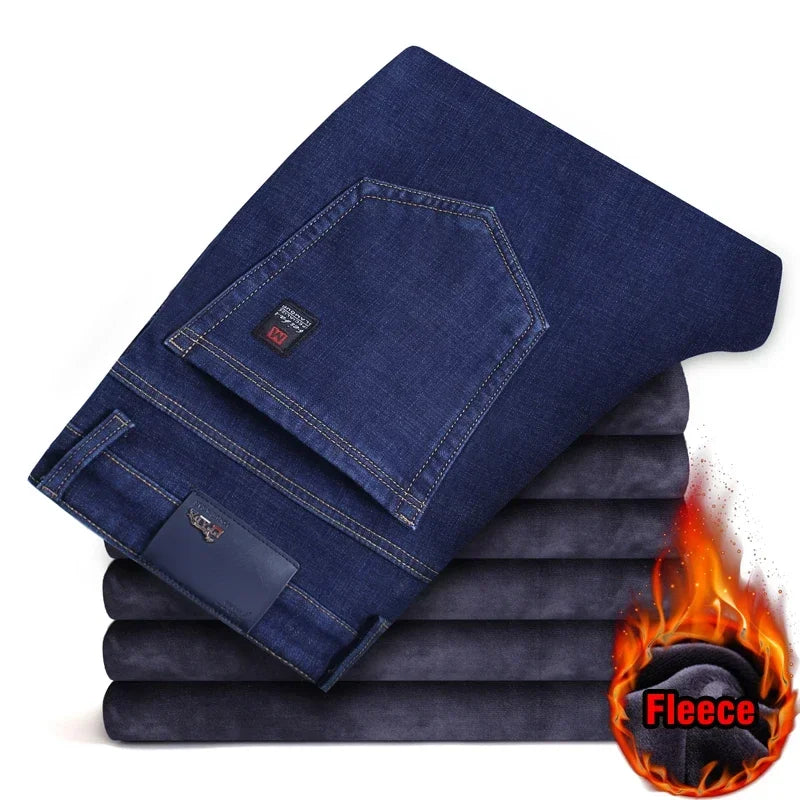 2024 Winter New Men's Fleece Warm Jeans Classic Style Business Casual Thicken Regular Fit Denim Pants Black Blue Brand Trousers