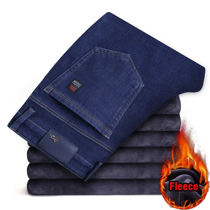 2024 Winter New Men's Fleece Warm Jeans Classic Style Business Casual Thicken Regular Fit Denim Pants Black Blue Brand Trousers
