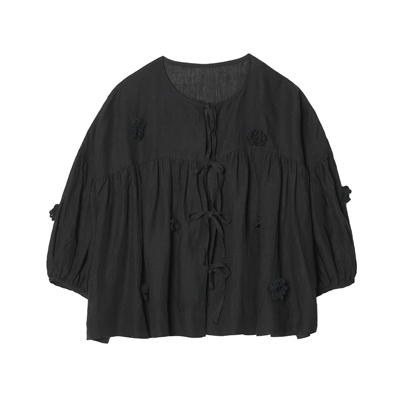Shirt women 2025 imakokoni original summer art loose handmade hook flower tied rope cardigan top 255002