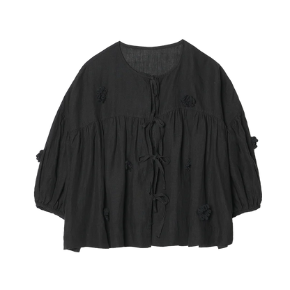 Shirt women 2025 imakokoni original summer art loose handmade hook flower tied rope cardigan top 255002