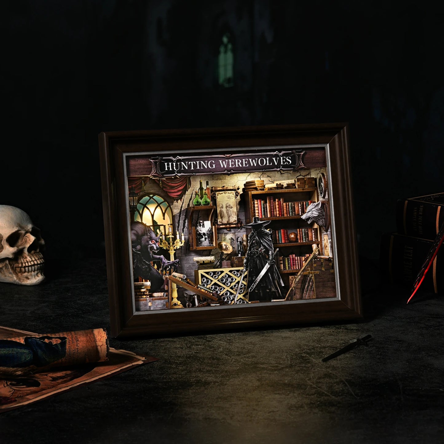 Book Nook Kit Werewolf Hunter DIY 3D Wooden Puzzle Dollhouse Photo Frame Ornament Model Bookend Building Home Decoration