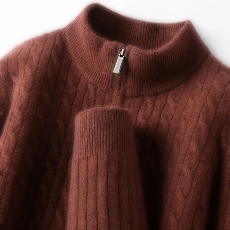 410g Pure Wool Sweater Men's, Thickened Anti-Pilling, Semi-Zip High Neck, Old Money Luxury Style