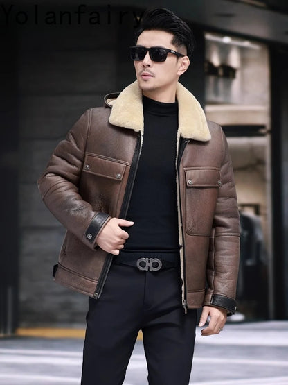 YOLANFAIRY Luxury 2025 Winter Natural Fur Coat Man Real Sheepskin Leather Jacket Men Detachable Hood Warm Wool Fur Coats Jackets