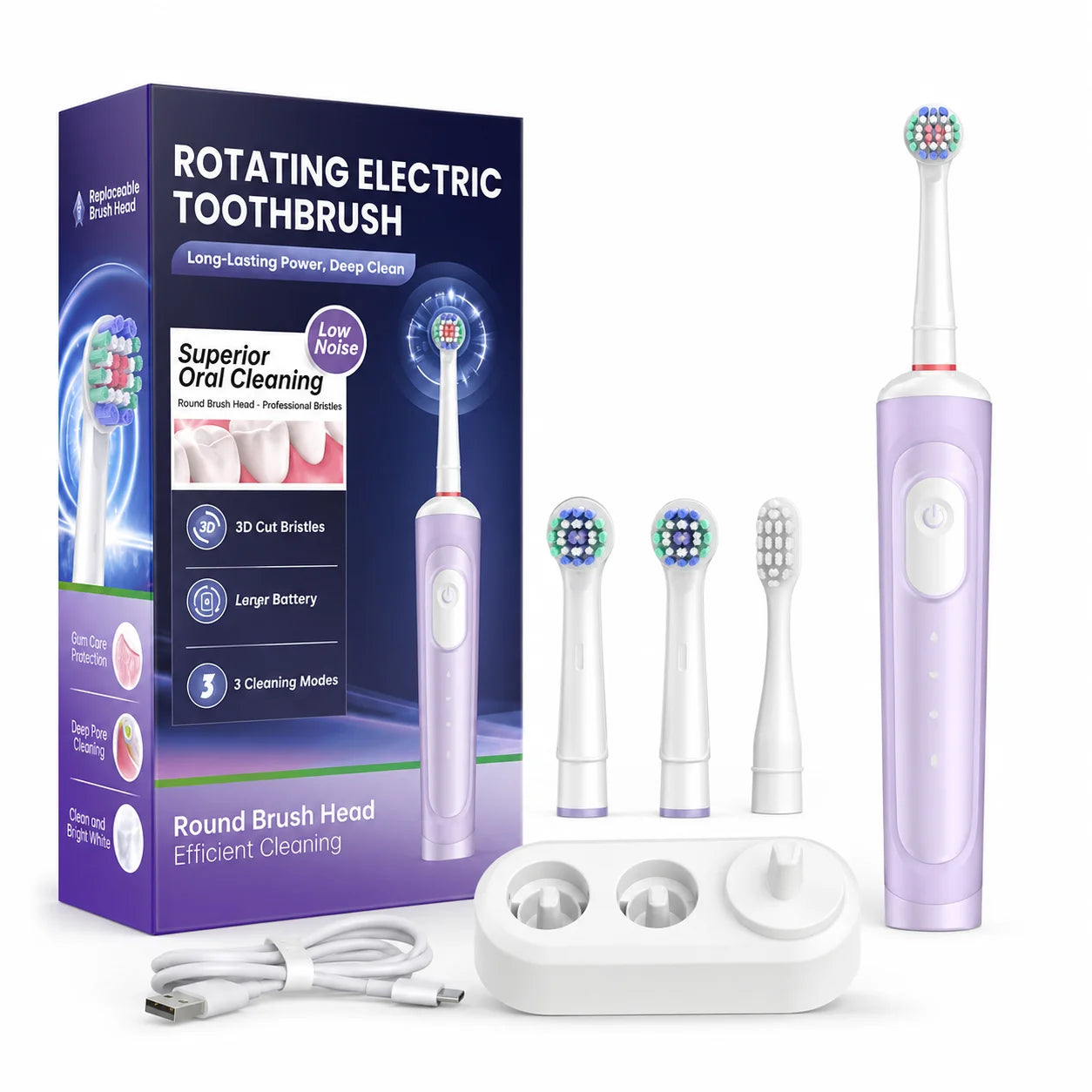 Dr Yadent Rotary Electric Toothbrush for Adults 3 Modes IPX7 Waterproof 3 Brush Heads 45 Days Battery Compatitble with Oral B
