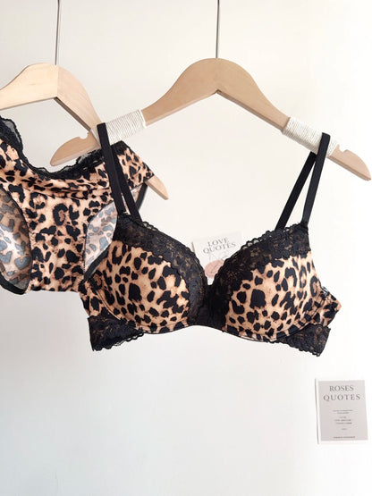 Sexy Leopard Print Lingerie Set Women Wireless Invisible Small Bust Lift, Adjustable A To C Cup, Sheer Lace Pure Style,soft S-XL