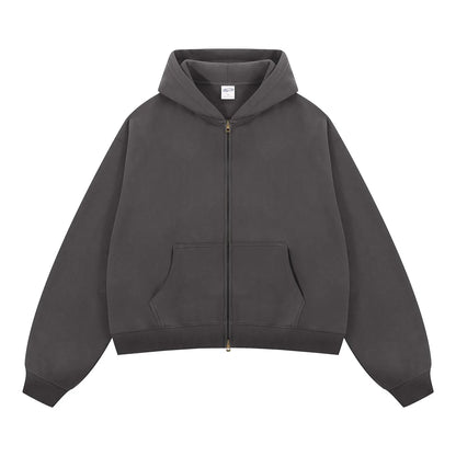 Custom LOGO women's  Autumn Winter New 370G Heavy Fleece BOXY Short and Wide Double Head Zipper Cardigan Couple Hooded Sweater