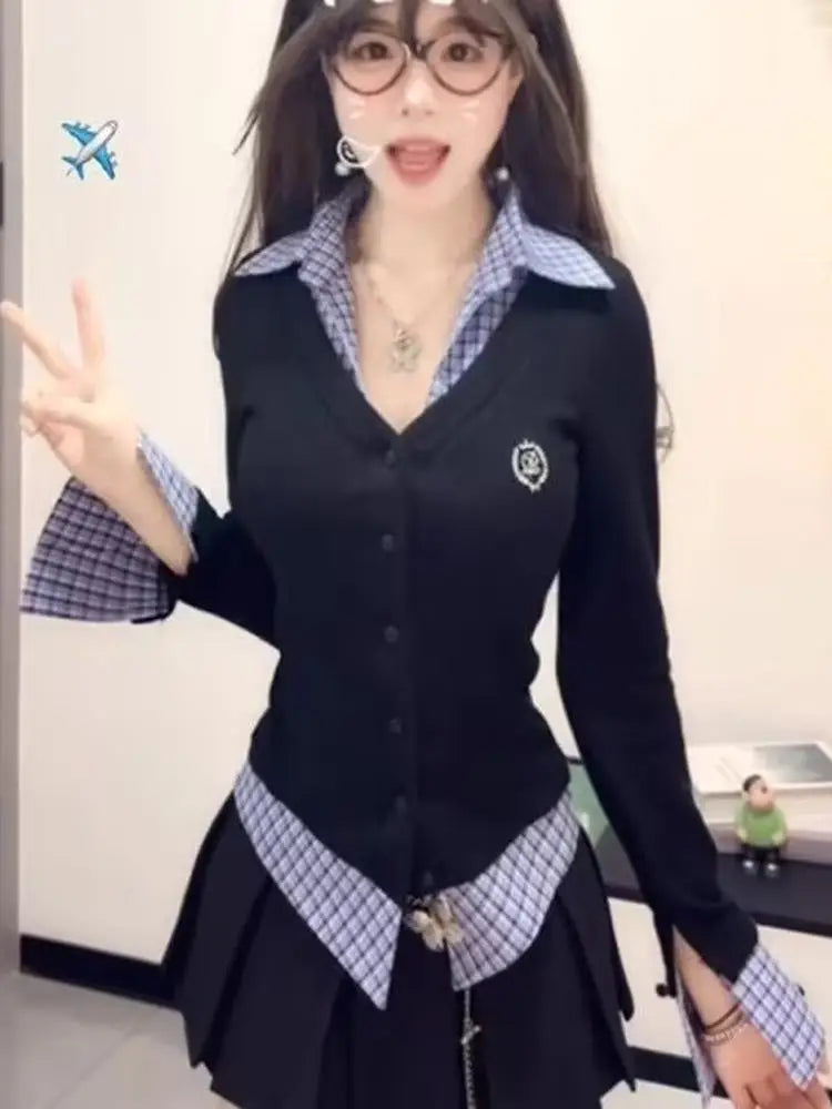 High Waist Plaid Patchwork Women's Set Spring 2025 Korean Style Fashionable Two-Piece Suit Long Sleeve  Collar Button up