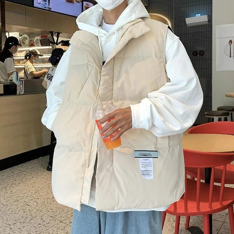 Oversized Cotton Vest for Men Loose Fitting Standing Collar Winter Coat Casual Layering Jacket for School Streetwear
