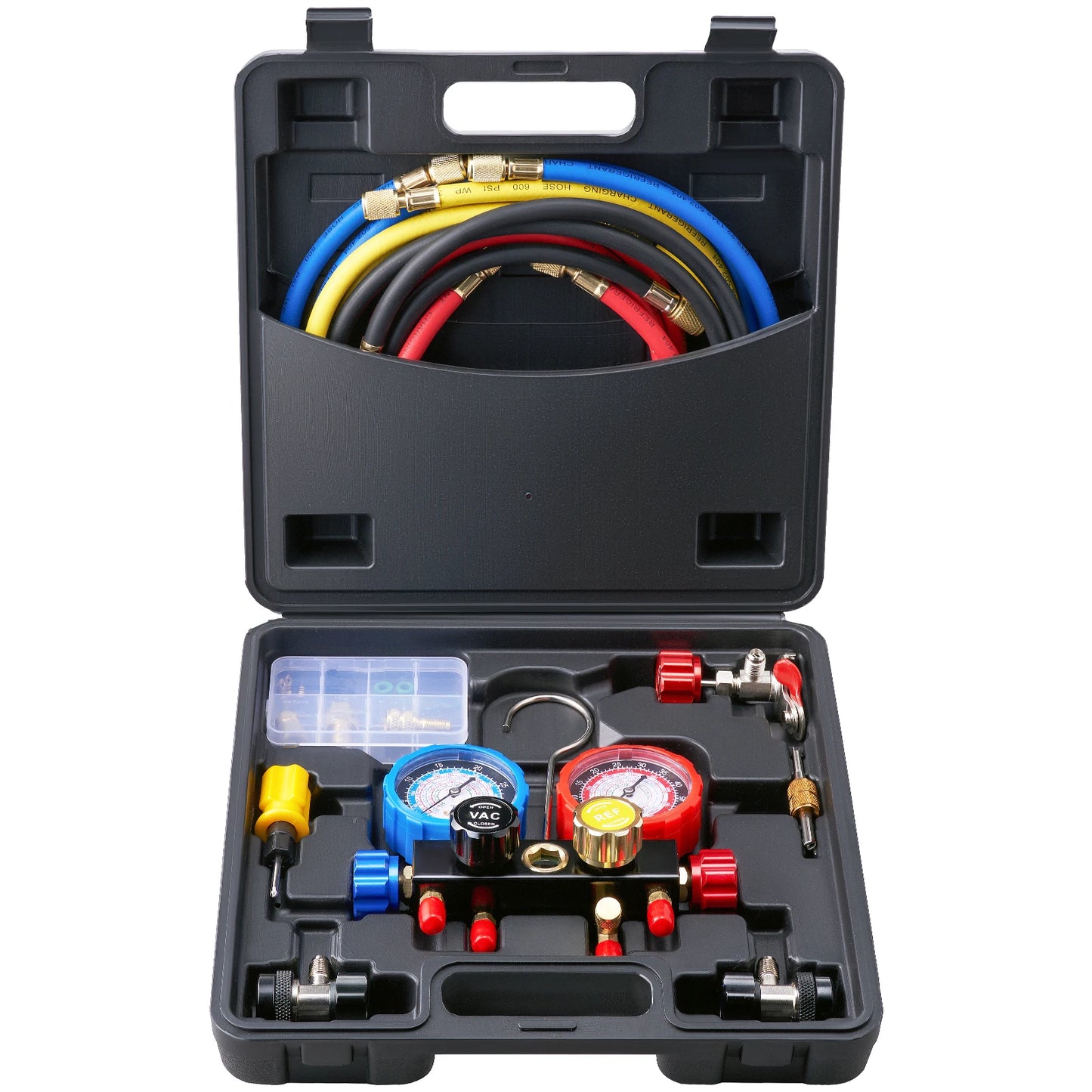 SucceBuy 4 Way AC Gauge-AC Manifold Gauge Set with 5ft Hoses for R134A/R22/R12/R410A Work on Car Freon Charging and Evacuation