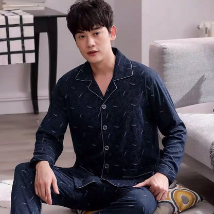 Plaid Print Men's Home Set Long-Sleeve Lapel Top With Pockets And Long Pant Breathable Soft Fit Autumn Sleepwear Loungewear Pjs