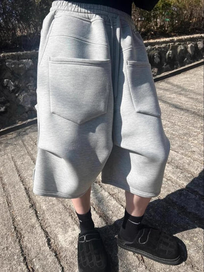 Mauroicardi Spring Summer Loose Casual Soft Shorts for Men Drawstring Elastic Waist Many Pockets Wide Leg Sweatpants Clothes