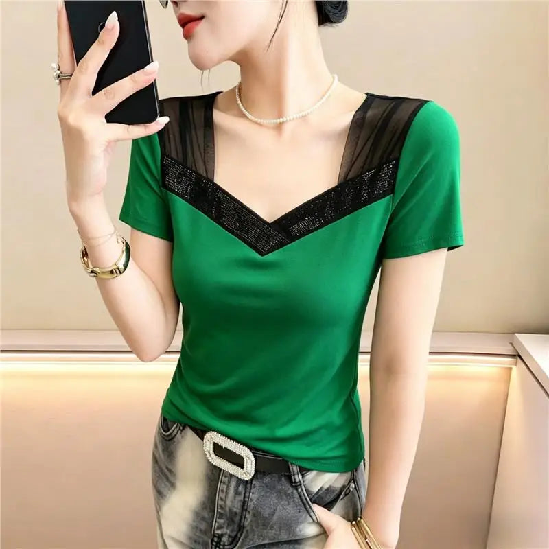 Summer 2026 Women's V-neck T-shirt Mesh Splice Short Sleeve Heavy-duty Rhinestone Slimming Top Korean Style Breathable Cotton
