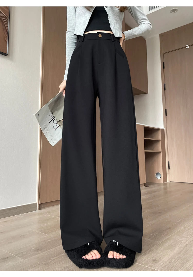 Seoulish Autumn Elegant Women's Wide Leg Pants 2024 New Korean Solid Button Casual Loose Office Full Length Trousers Female