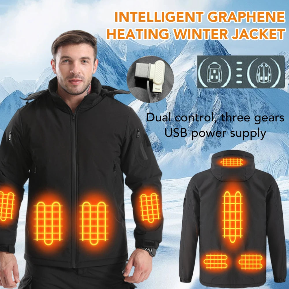 Intelligent Graphene Heating Jacket 8 Area USB Electric Heated Hooded Coat Washable for Men Winter Outdoor Sport Thermal Coat
