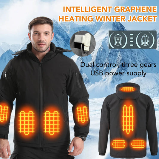 Intelligent Graphene Heating Jacket 8 Area USB Electric Heated Hooded Coat Washable for Men Winter Outdoor Sport Thermal Coat