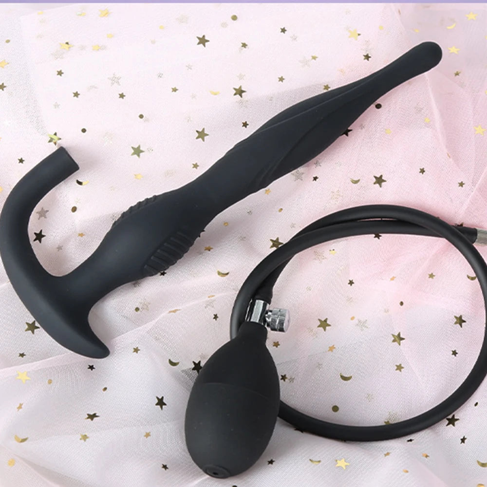 Silicone Magnetic Inflatable Butt Plug with Pump - Black Expandable Anal Stretcher, Prostate Massager Sex Toy for Men Women