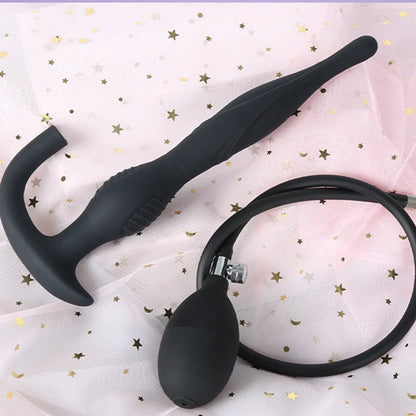Silicone Magnetic Inflatable Butt Plug with Pump - Black Expandable Anal Stretcher, Prostate Massager Sex Toy for Men Women