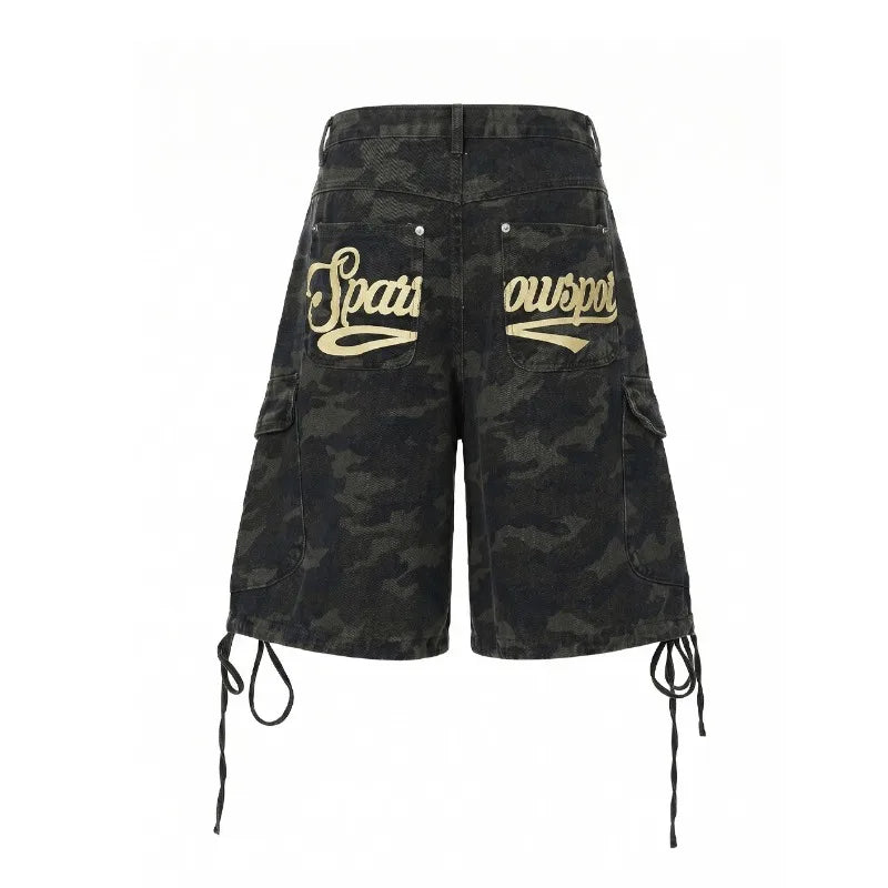 Men's Denim Shorts Cargo Shorts Drawstring Multi Pocket Camouflage Letter Print American Style Casual Summer Vintage Street
