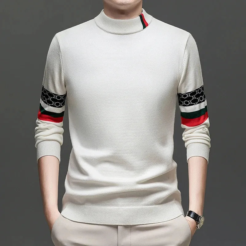 High End Big Brand Semi High Neck Sweater for Men with Thick Velvet and Autumn/winter Fashionable Warm Base Shirt for Men