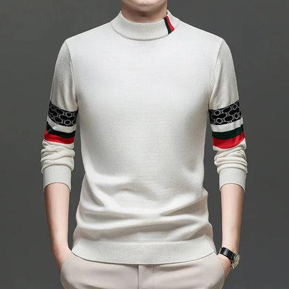 High End Big Brand Semi High Neck Sweater for Men with Thick Velvet and Autumn/winter Fashionable Warm Base Shirt for Men