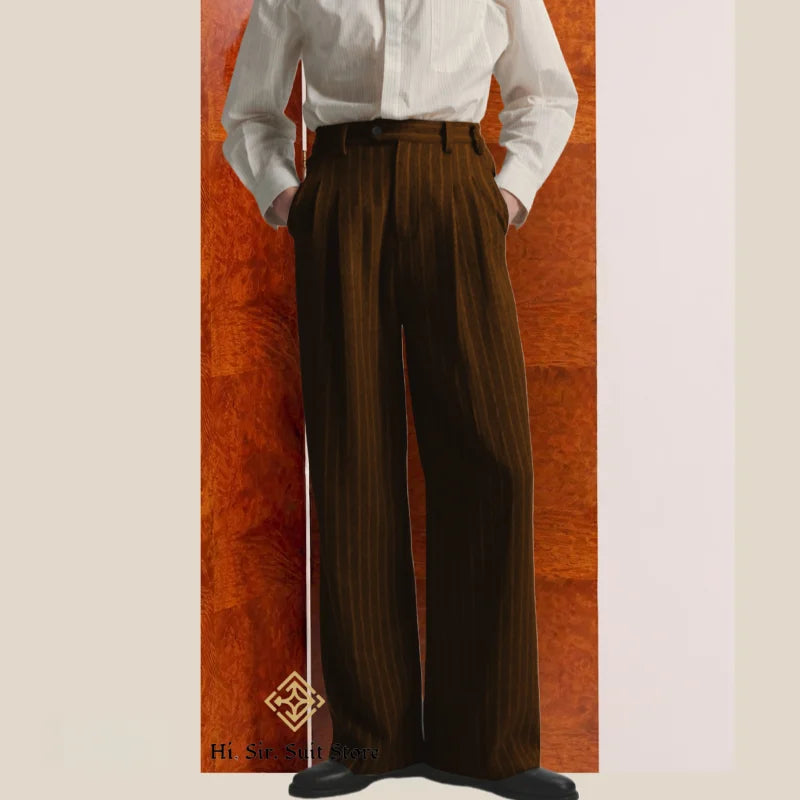 Men's High-Street Vintage Striped Pants Drapey Silhouette Melange Old Money Style Elegant Casual Trousers for Gentlemen Fashion