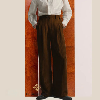 Men's High-Street Vintage Striped Pants Drapey Silhouette Melange Old Money Style Elegant Casual Trousers for Gentlemen Fashion