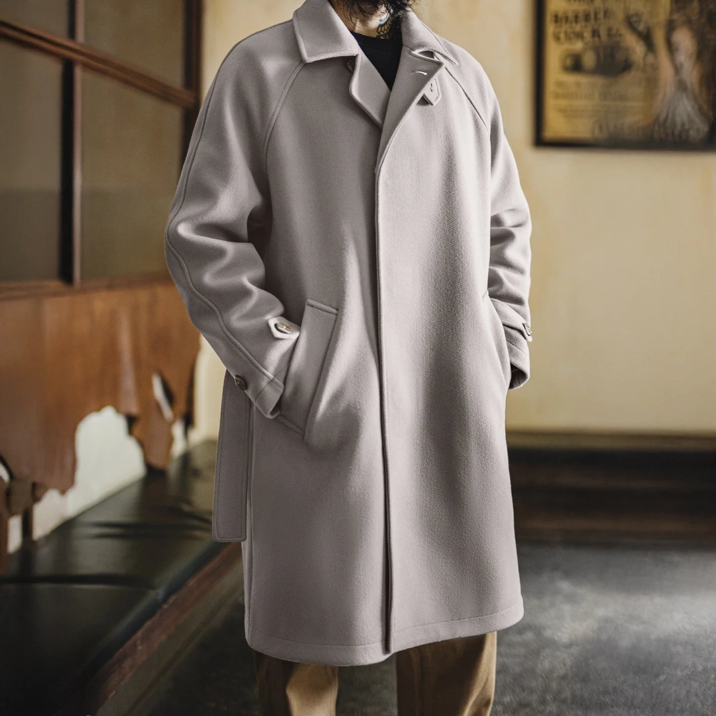 Maden Vintage Grey Balmacaan Jacket Men's German-Style Windproof Overcoat Mid-Length Warm Trench Coat for Fall Winter Commute
