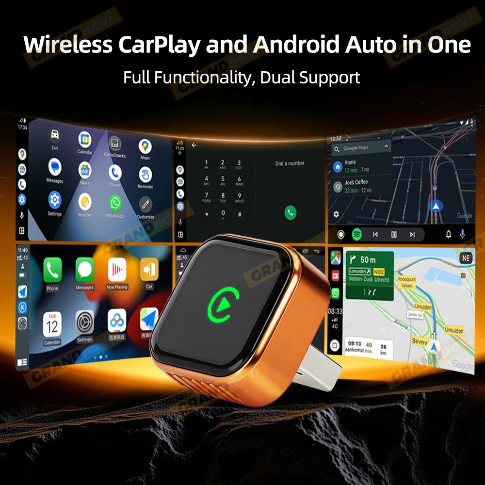 CarPlay Wireless Orange Adapter 2026 New Plug & Play Auto Connect No Delay Converts Wired to Wireless iPhone & Android