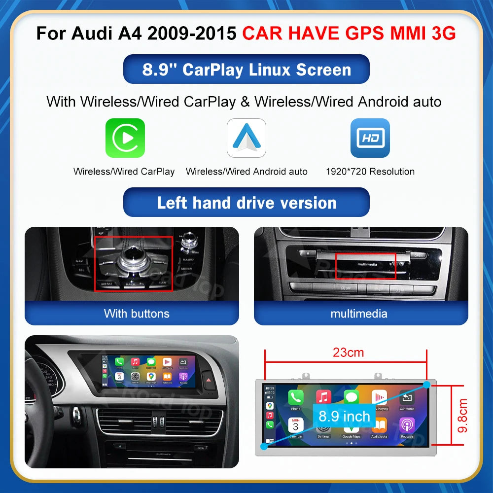 CN Road Top 8.9 12.3'' Touch Screen Multimedia Player Andriod Auto Link For Audi A4 S4 B8 2009-2015 GPS Carplay Display Car Play