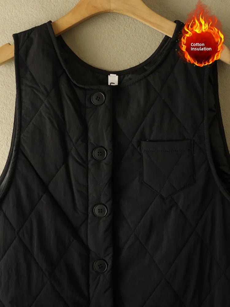 Warm Cotton Lined Pants Large Size Women's Clothing Anti-Aging One-Piece Suit Sleeveless Buckle round Neck Overall Pants