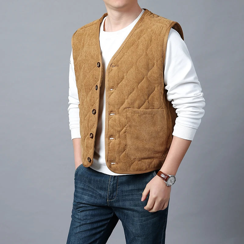 Autumn Winter Padded Warm Vest Men's Diamond Check Shoulder Undershirt Workwear Corduroy V-neck Jackets Men Clothing Large Size