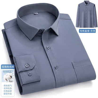 New In Tops Pure Cotton Men's Long Sleeve Business Social Plain Shirts Fashion Single Pocket Casual Slim Fit Solid Color Blouses
