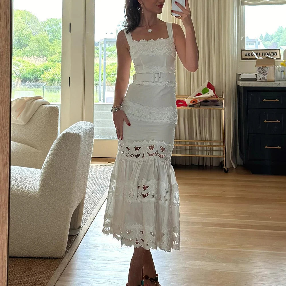 TWOTWINSTYLE Solid Hollow Out Elegant Dresses for Women Square Neck Sleeveless Patchwork Lace Dress Female Fashion Clothing New