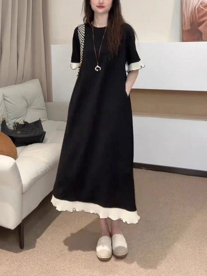 Summer New plus Size Slimming Black Dress with White Flower Hem Straight Tube Top Short Sleeve Comfortable Breathable Women's...