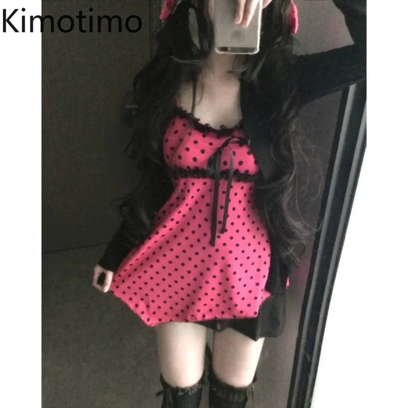 Kimotimo Vintage Cute Polka Dot Camisole Vest Women Japanese Y2k Aesthetic Spliced Lace Tanks Sweet Versatile Sleeveless Tops