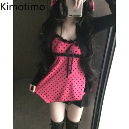 Kimotimo Vintage Cute Polka Dot Camisole Vest Women Japanese Y2k Aesthetic Spliced Lace Tanks Sweet Versatile Sleeveless Tops