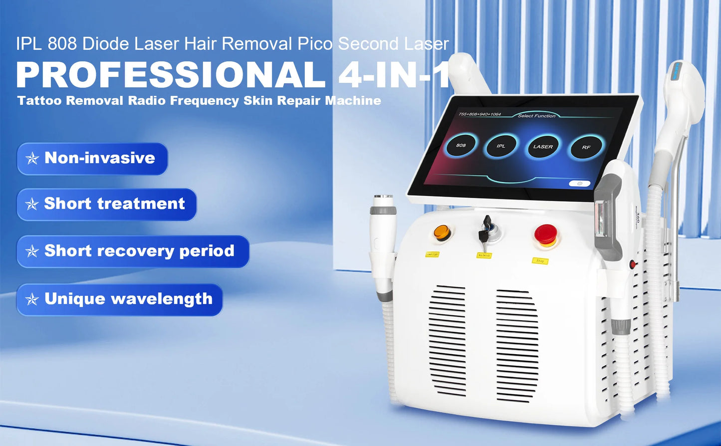4 IN 1 Soprano Titanium Ice Platinum RF Diode 755 808 940 1064nm 4 Wave Laser ND:YAG Machine Painless Hair Removal Machine