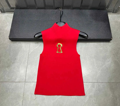 Spring Summer Solid Spliced Metal Buckle Slimming Knit Tshirt For Women Turtleneck Sleeveless Minimalist T Shirt Female Fashion