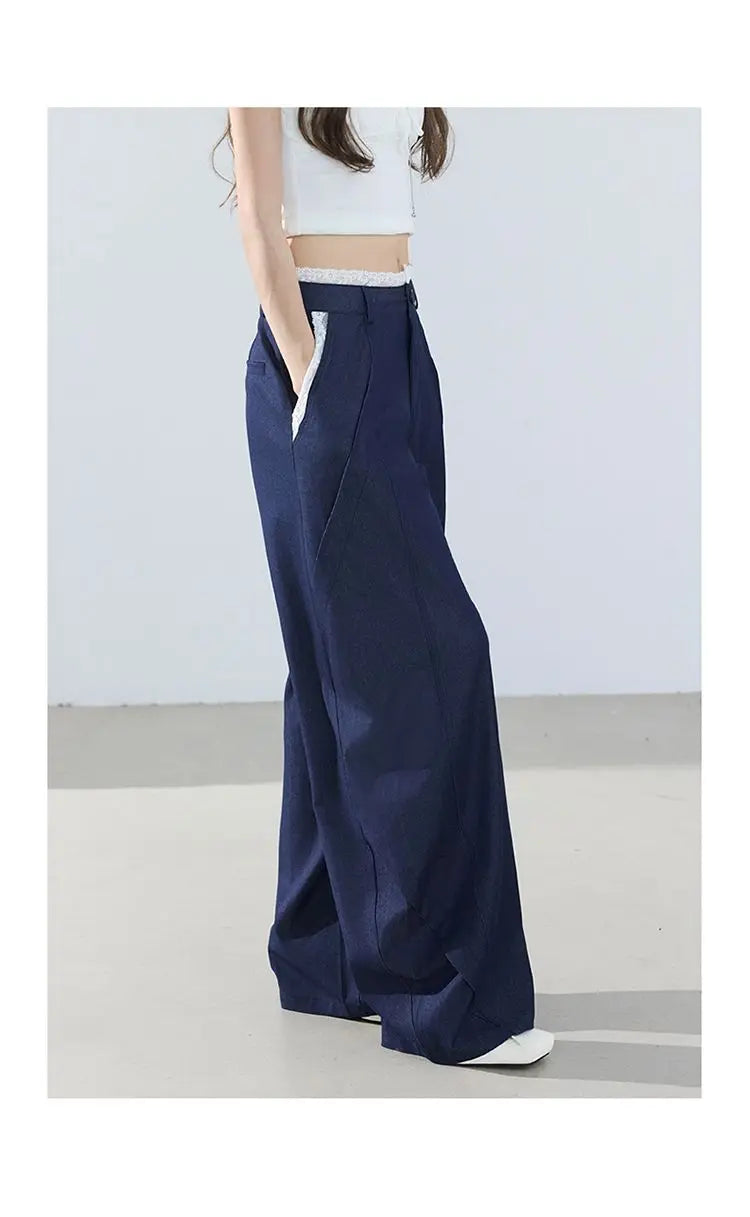American-style retro loose wide-leg pants, lightweight curved pants, cool lace splicing, versatile casual pants for women