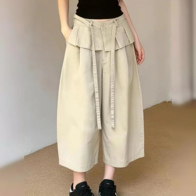 Summer New Korean Style Khaki Design Casual Pants Women plus Size Loose Slimming Nine Points Trousers High Waist Straight Leg