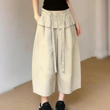 Summer New Korean Style Khaki Design Casual Pants Women plus Size Loose Slimming Nine Points Trousers High Waist Straight Leg