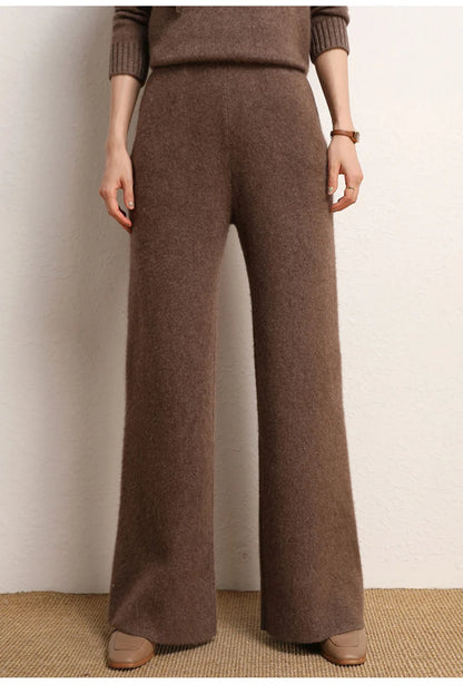 Women's 100% Cashmere Wide Leg Pants Knitted Thick Autumn/Winter Casual Solid Color Elastic Waistband Pockets