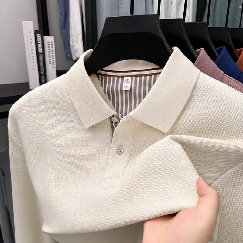 Men's casual long sleeved polo shirt autumn new loose solid color classic versatile lapel T-shirt
