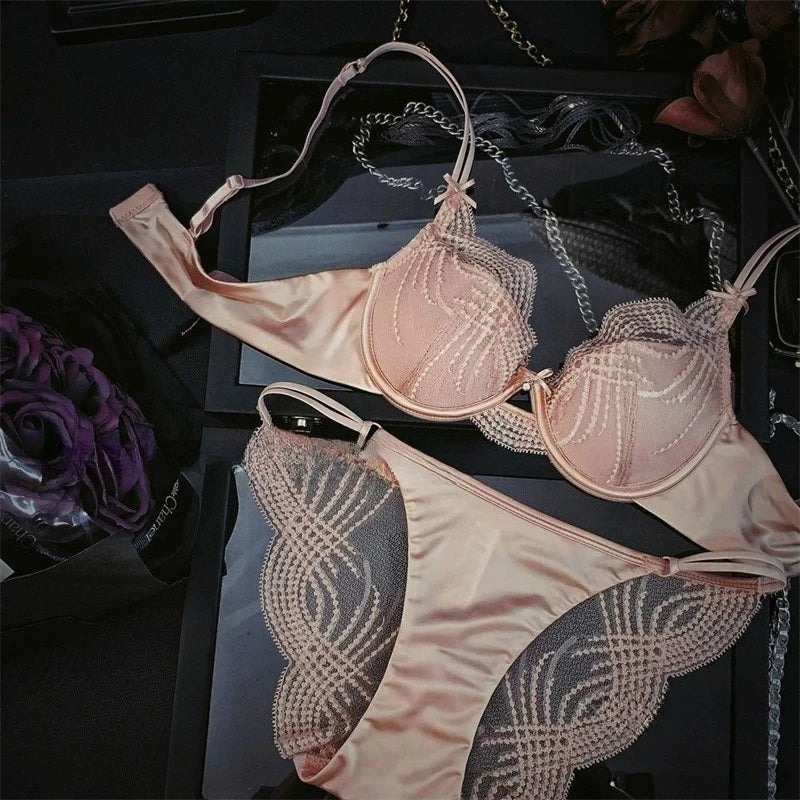 French Lace Embroidery Women Lingerie Set Sexy Hollow Thin Cup Push Up Bra High Quality Silk Satin Intimates Comfort Underwear