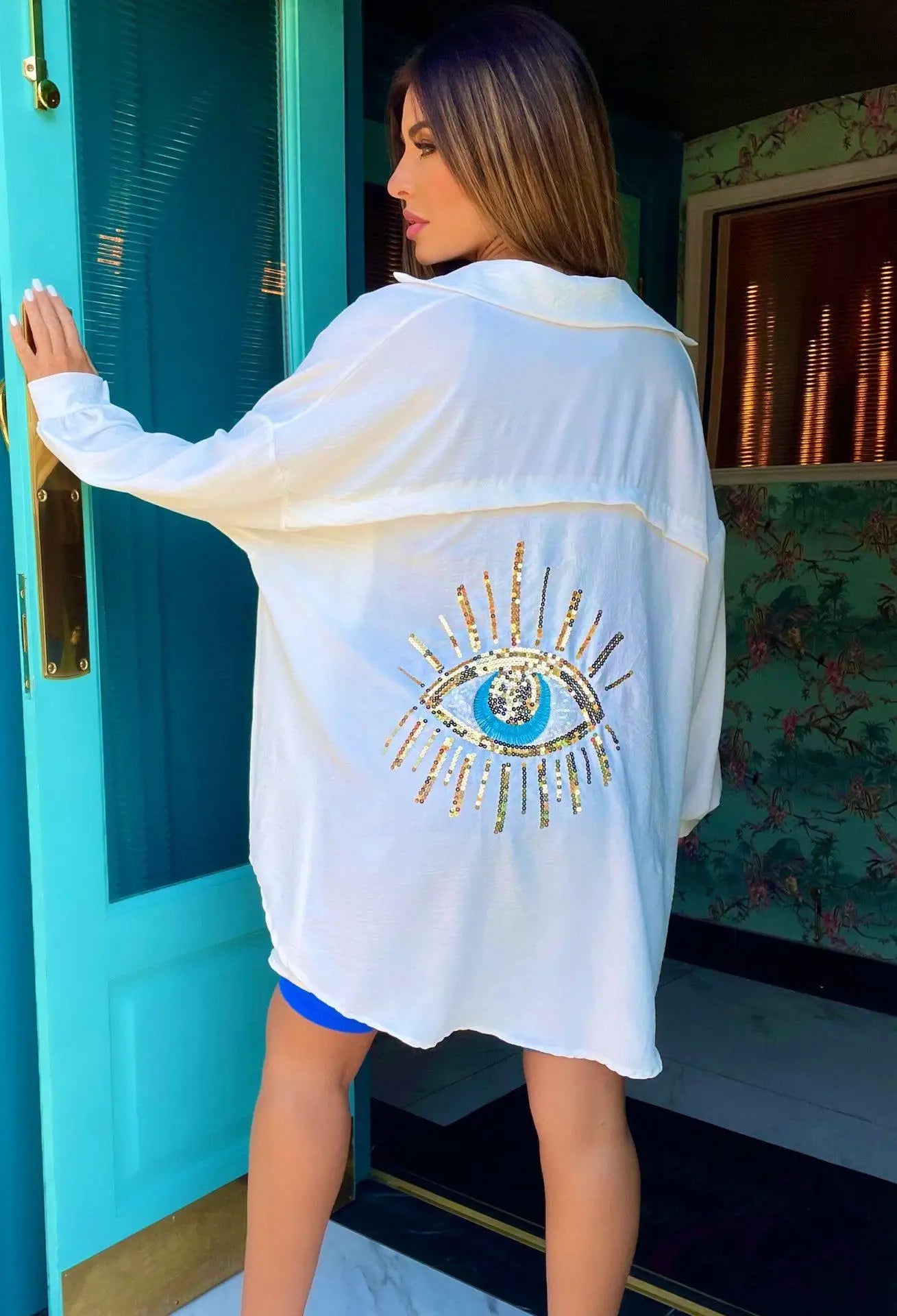 Spring Summer 2024 Women's Casual Evil Eye Shirt Long Sleeve Turn-down Collar Regular Length Other Material 100% Fashion Ladi...