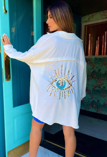 Spring Summer 2024 Women's Casual Evil Eye Shirt Long Sleeve Turn-down Collar Regular Length Other Material 100% Fashion Ladi...