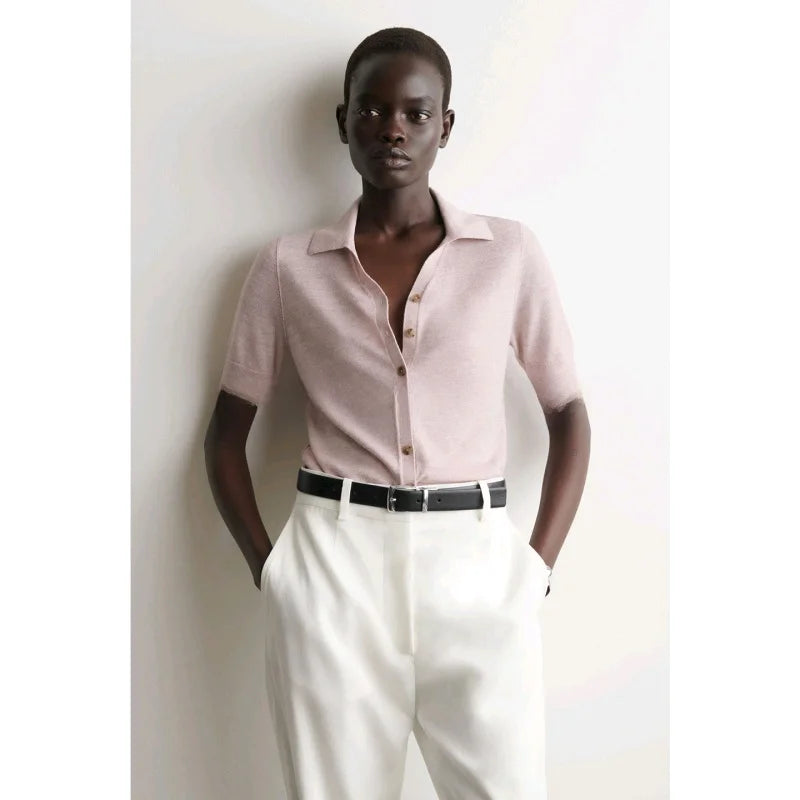 Spring New Women's Standard Fit Single Row Multi-Buckle Ribbed  Turn-down Collar Short Sleeve  Shirt Casual Business